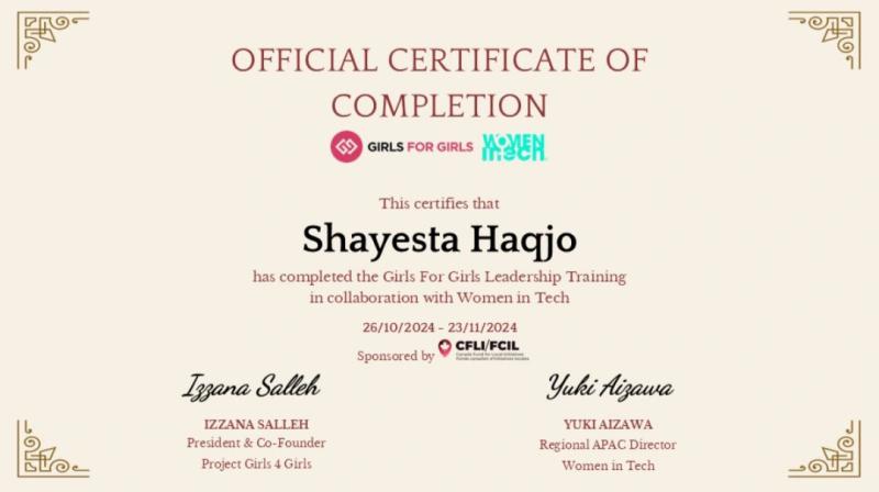 Girls For Girls Leadership Certificate — Women in Tech, sponsored by CFLI/FCIL
